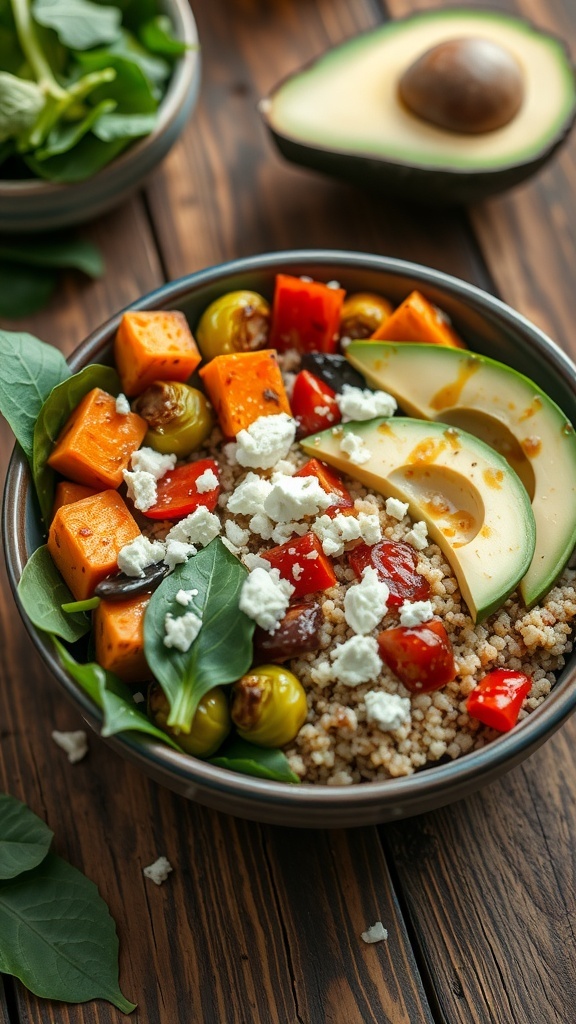 Warm Quinoa Winter Bowl Recipe A vibrant quinoa bowl with roasted vegetables, spinach, avocado, and feta cheese, served on a wooden table.